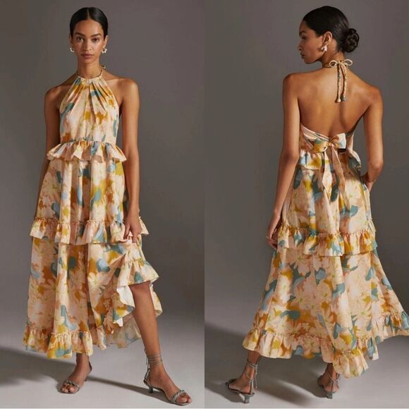 NEW Anthropologie Geisha Designs Ruffled Tiered Floral Maxi Dress - Picture 1 of 12